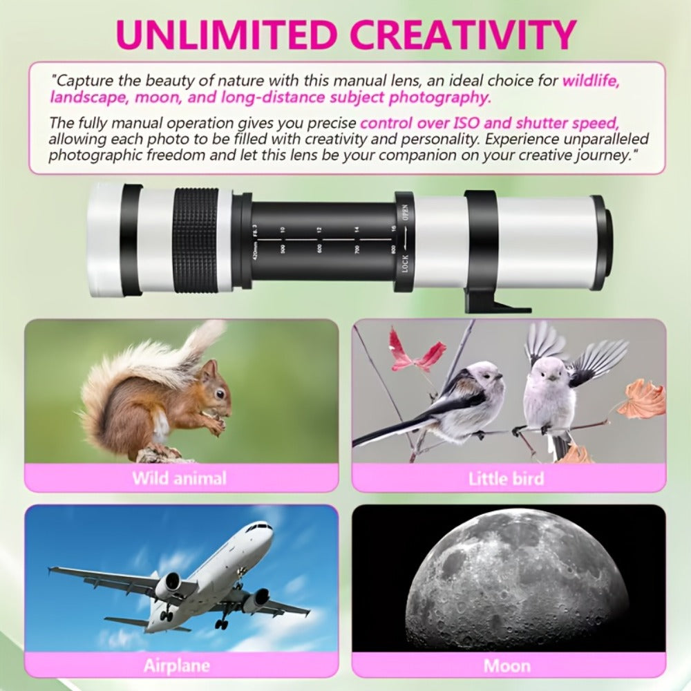 420-800mm F8.3-16 Telephoto Zoom Lens Manual Focus with T-Mount Adapter for Canon Nikon Sony Moon Wildlife Bird Photography Full Frame