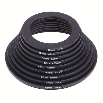 18-Piece Step-Up and Step-Down Lens Filter Adapter Ring Set Covering 37–82 mm Thread Sizes