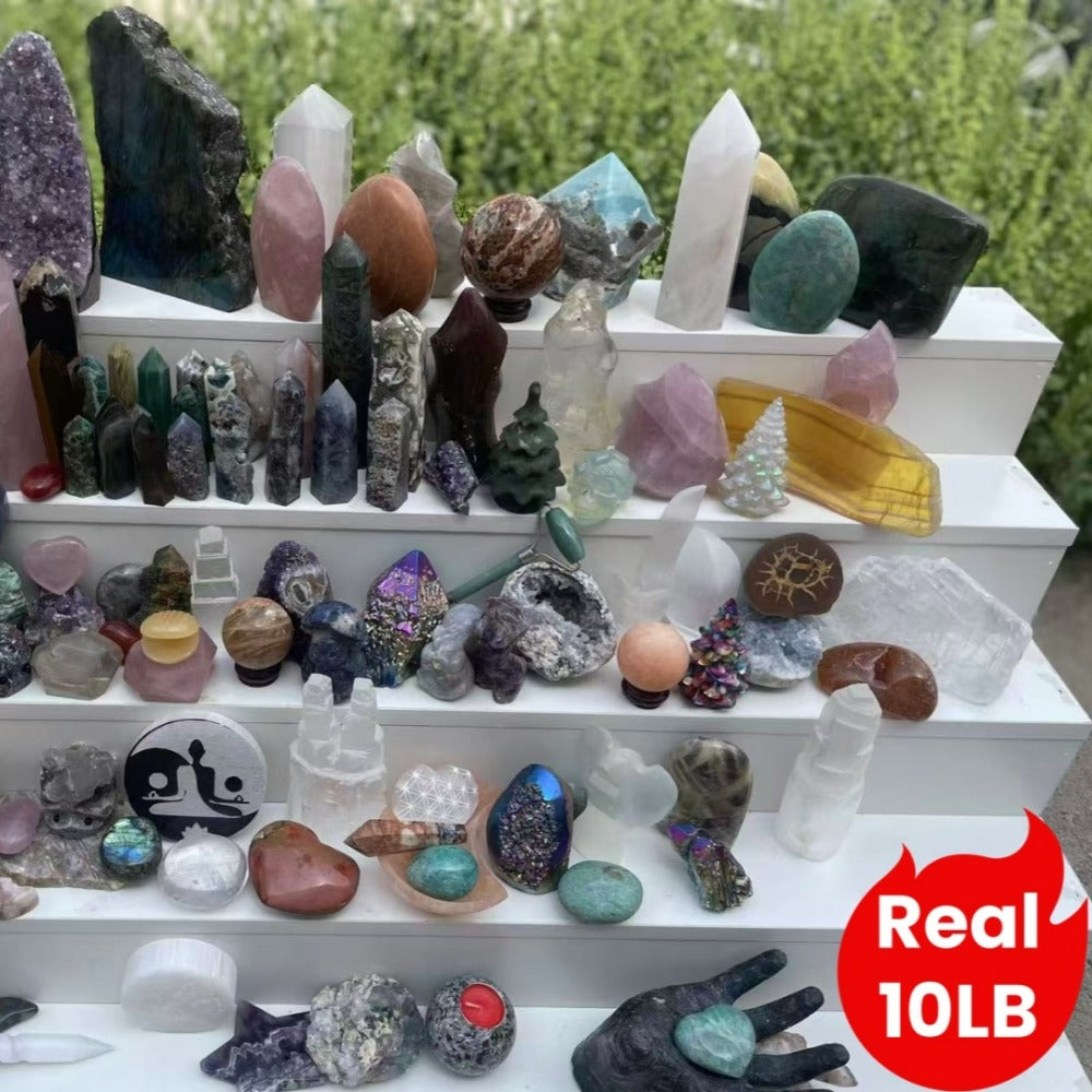Ten-Pound Mixed Crystal and Gemstone Decorative Collection with Towers, Spheres, Clusters and Rough Stones