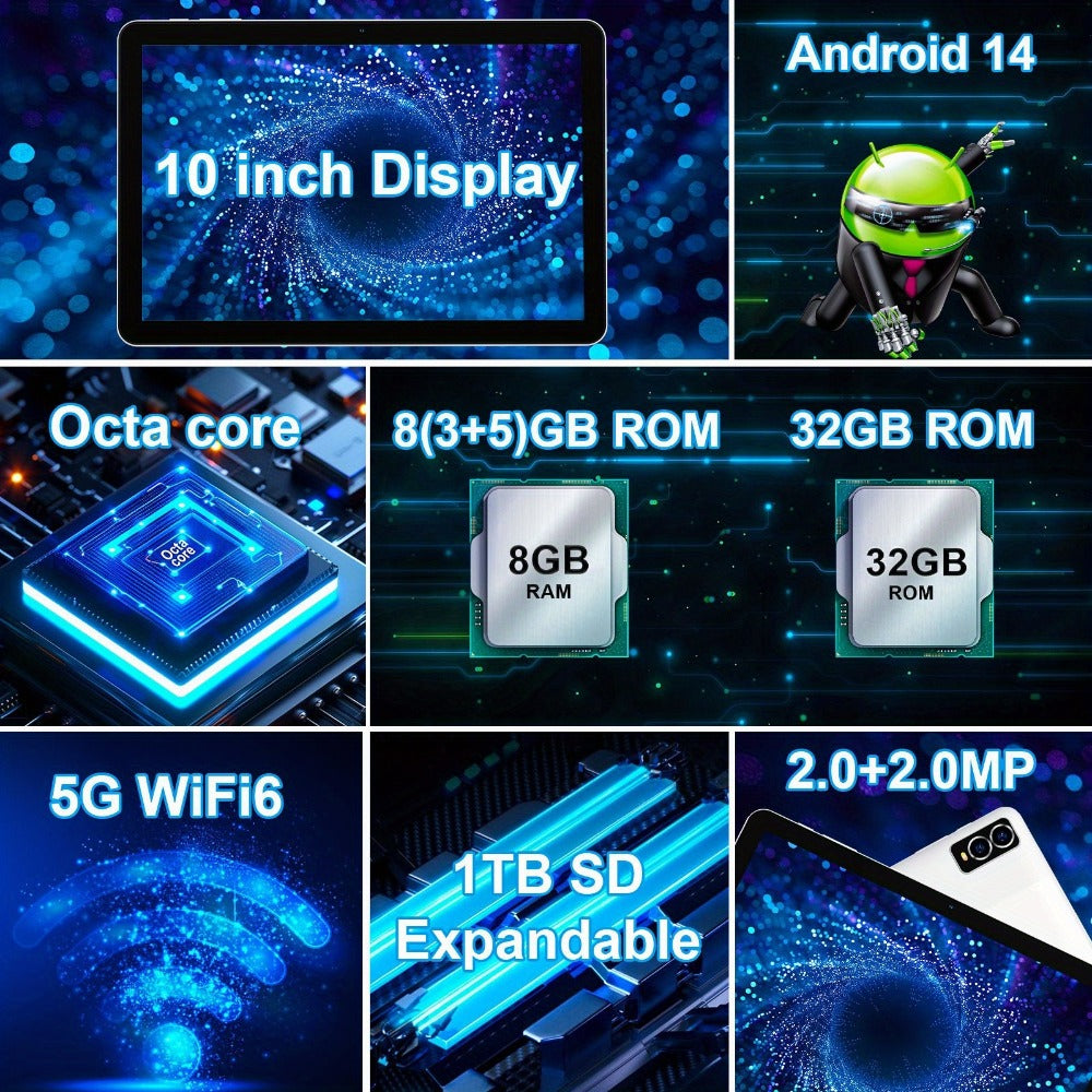 Android Tablet 10-Inch with Android 14, A523 Octa-Core, WiFi 6 and Tablet or Keyboard Options