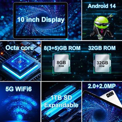 Android Tablet 10-Inch with Android 14, A523 Octa-Core, WiFi 6 and Tablet or Keyboard Options