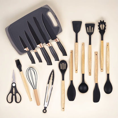 19-Piece Kitchen Knife & Utensil Set with Wooden Handles, Non-Stick Blades, Silicone Cooking Tools, Cutting Board, Scissors & Holder