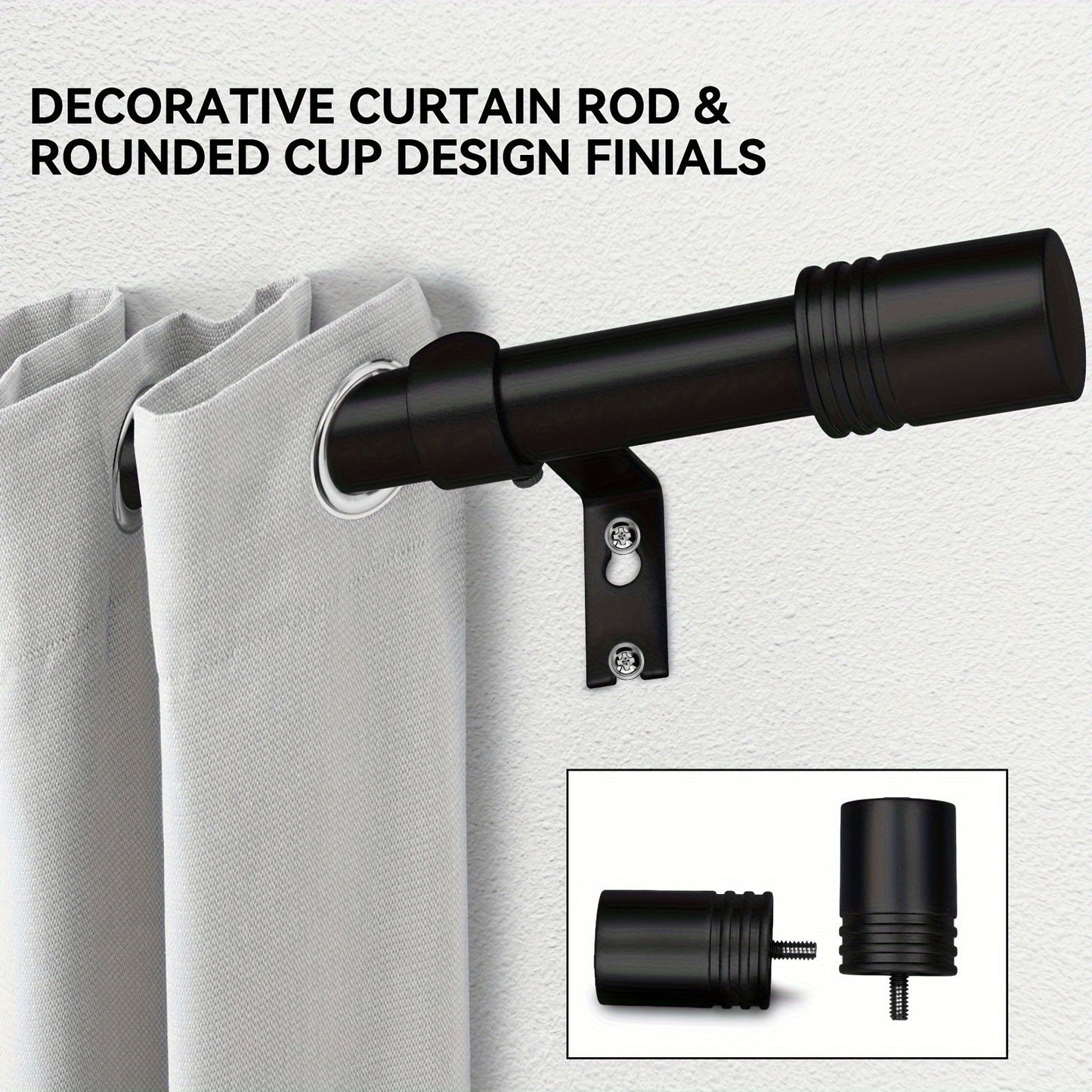 One-Inch Adjustable Curtain Rod with Rounded Cup Finials in Black, Brushed Nickel or Gold Finish