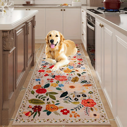 Area Rug Bohemian Floral Plush Runner with Four Machine-Washable Sizes for Bedroom or Kitchen