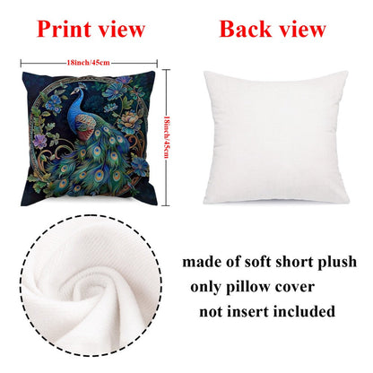 Vintage Peacock Throw Pillow Covers, Set of Four 18 x 18-Inch Short-Plush Cases with Zipper Openings