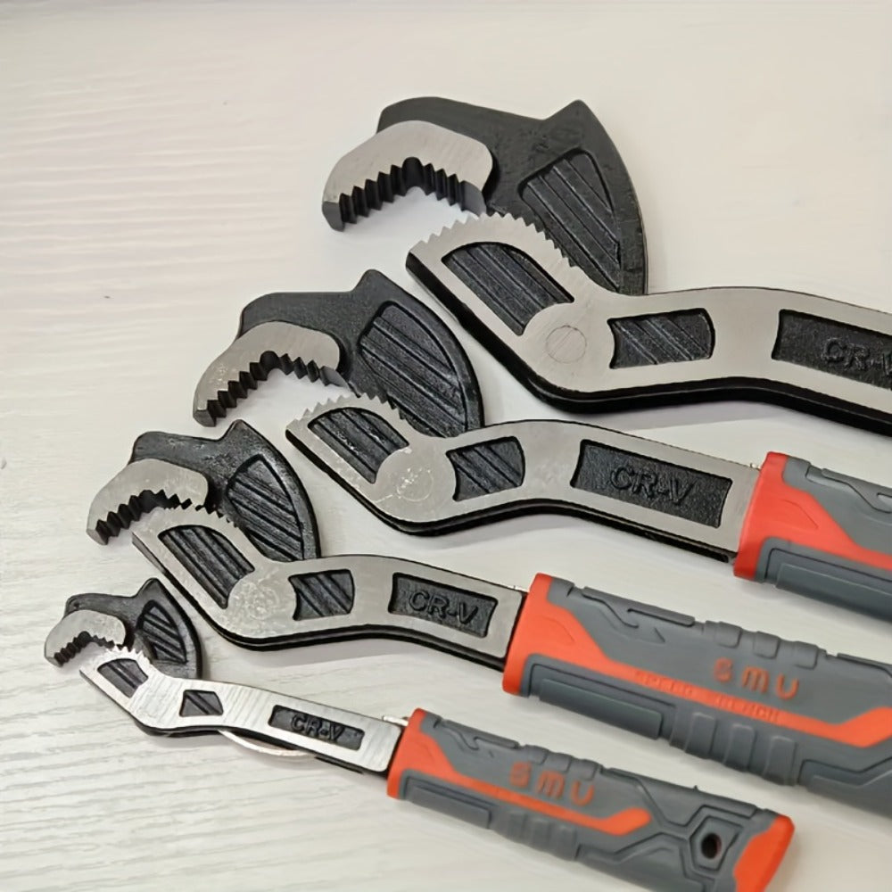 Four-Piece Self-Adjusting Wrench Set in 6-, 8-, 10- and 12-Inch Sizes with Cr-V Material Marking