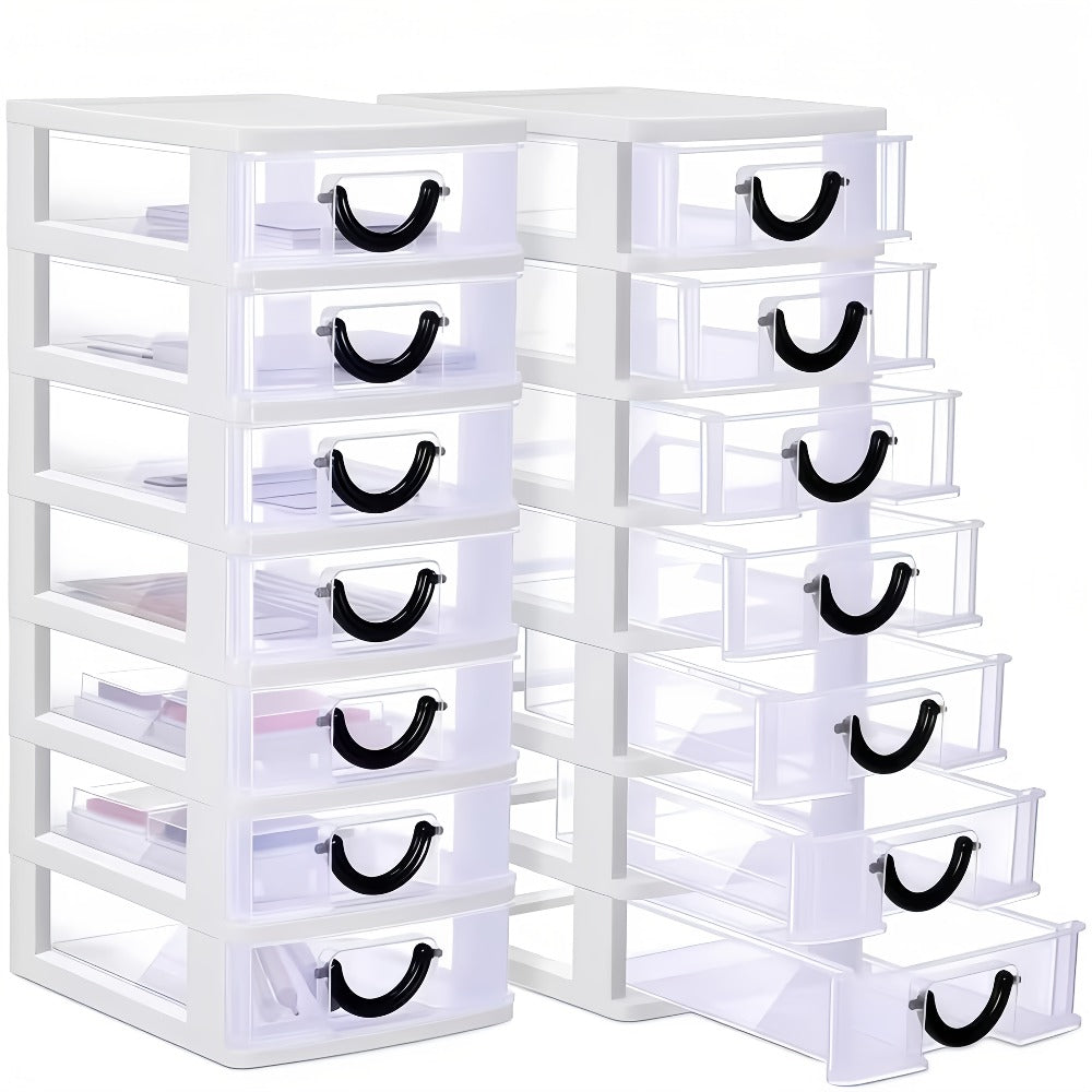 Seven-Drawer Desktop Organizer in Black or White, One- or Two-Piece Set with Clear Front Drawers