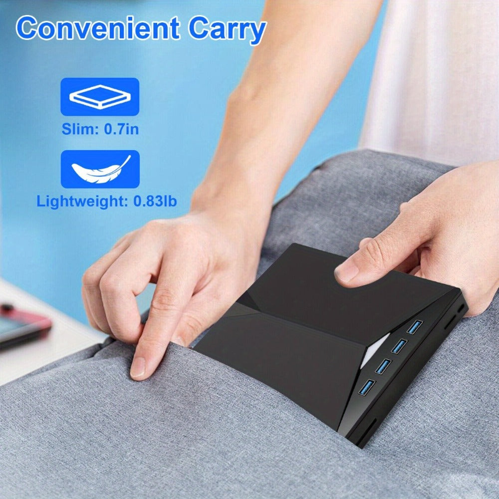 7-in-1 External DVD Drive USB 3.0 with 4 USB Ports & Dual TF/SD Card Reader - High-Speed CD/DVD Burner for Laptop Mac PC, Compatible with Windows 11/10/8/7, Linux, Plug and Play, Office Travel