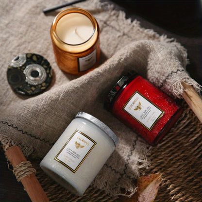 Single-Wick Relief Glass Jar Candle with Seven Scent Labels, Crystal-Style Detail and Boxed Presentation