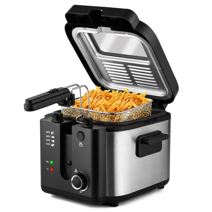 Black Stainless-Steel Deep Fryer with 1.5L to 6L Options, Enamel Inner Pot and Foldable Basket Handle