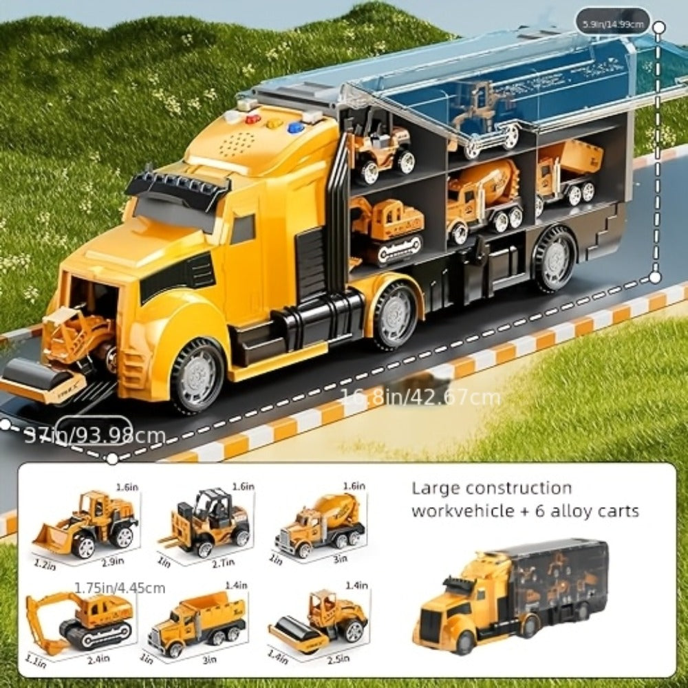 Vehicle Carrier Playset in Dinosaur Car or Construction Truck Style with Mini Vehicles and Storage