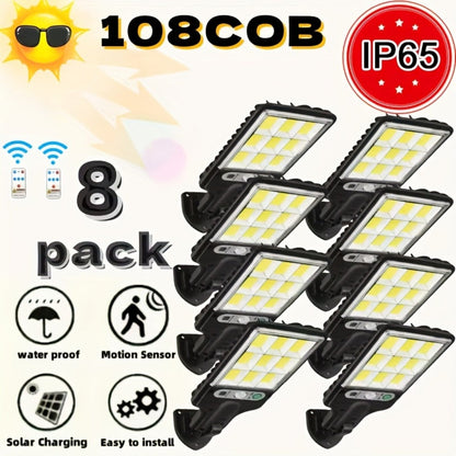 Solar Motion Sensor Security Wall Light 108COB LED – Outdoor Solar Powered Street Light with Remote Control & 3 Modes | Waterproof Garden Spotlight for Patio, Porch, Door & Garage | 2/4/8pcs Pack
