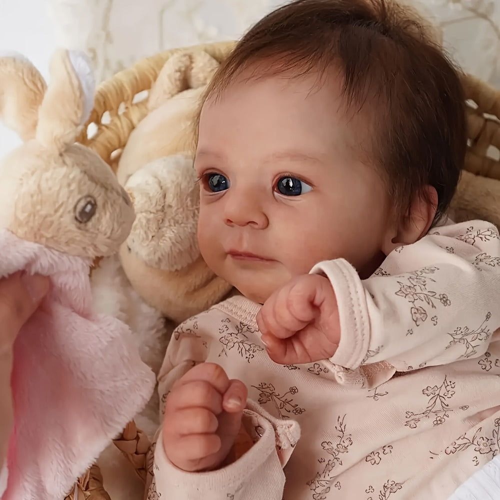 Reborn Baby Doll 16-Inch Cloth Body with Vinyl Limbs, Rooted Brown Hair, Open Eyes and Pink Outfit Set