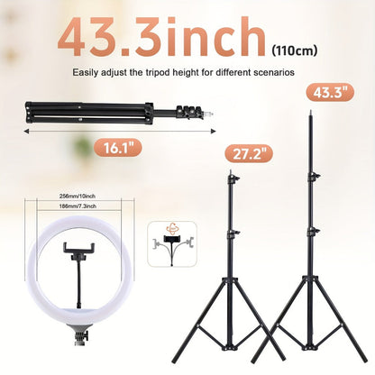 Dimmable 10 Inch Ring Light with 43"/63" Extendable Tripod & Phone Holder – RGB & Standard LED Circle Light for Selfie, Makeup, YouTube, Vlogging & Live Streaming
