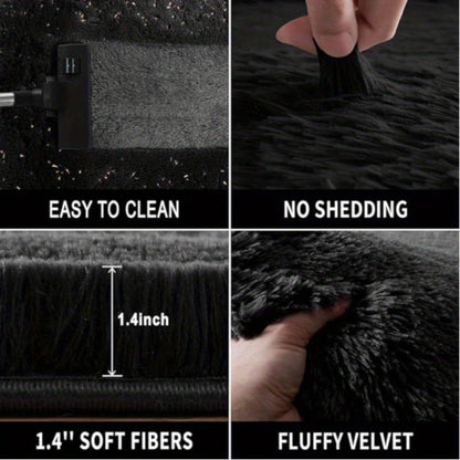 Area Rug, Black Rectangular Shaggy Microfiber Style in 4x6, 5x8, 6x9 or 8x10 Feet with Machine-Wash Care