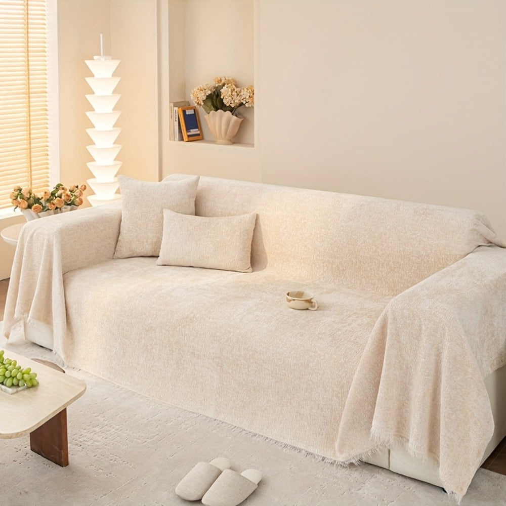 Sofa Cover 300 GSM Solid Chenille Throw with Fringe in Four Colors and Sizes from Single Seat to 71 x 150 Inches