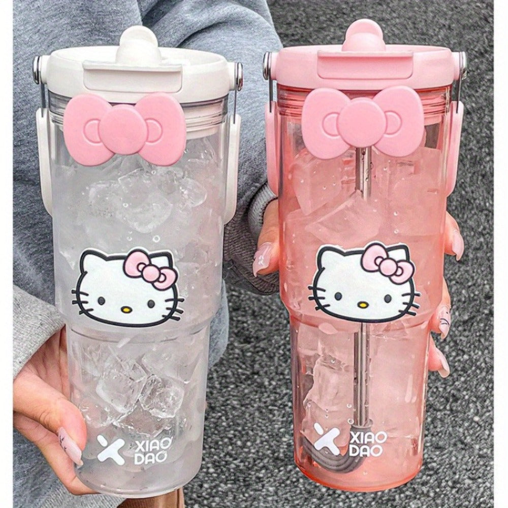 Hello Kitty Water Bottle with Straw 30 Oz – Large Capacity Cartoon Tumbler for Women & Girls – Portable Outdoor Sports Cup with Bow & Sticker – Cute Kawaii Plastic Drinkware Gift
