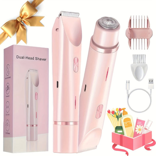 Electric Hair Trimmer for Women Dual Head IPX7 Waterproof USB Rechargeable Painless Bikini Trimmer Face Body Shaver Arms Legs Underarm Bikini Line Sensitive Skin Pink Special Edition Gift Set