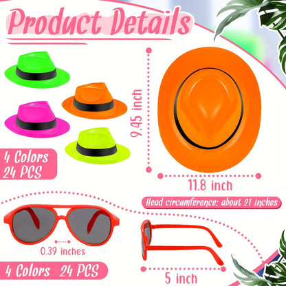 Neon Hat and Sunglasses Party Supplies Set with 24 Hats and 24 Glasses in Four Bright Colors