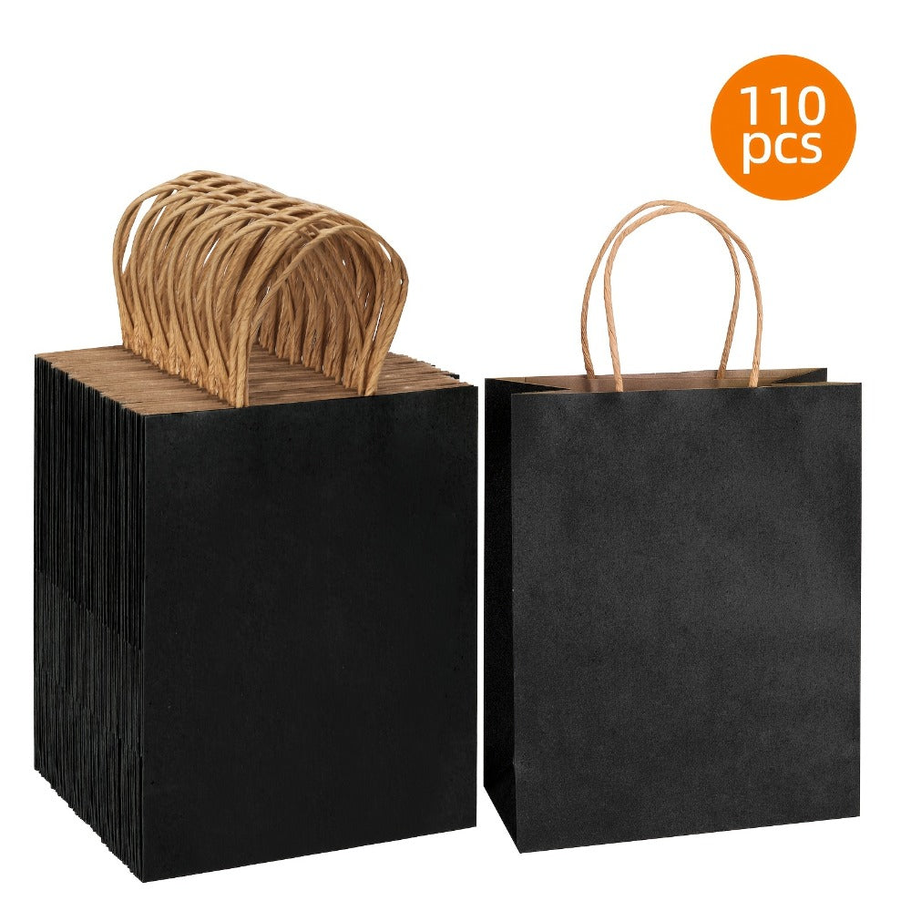 One Hundred Ten Black Kraft Paper Gift Bags with Handles, 8 x 4 x 10 Inch Bulk Retail Pack