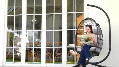 Rattan Wicker Hanging Egg Chair with Stand, Aluminum Frame and 11 Cushion and Size Options