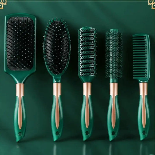 Hair Accessories Five-Piece Green Brush and Comb Set with Cushion Brush, Pick and Styling Tools