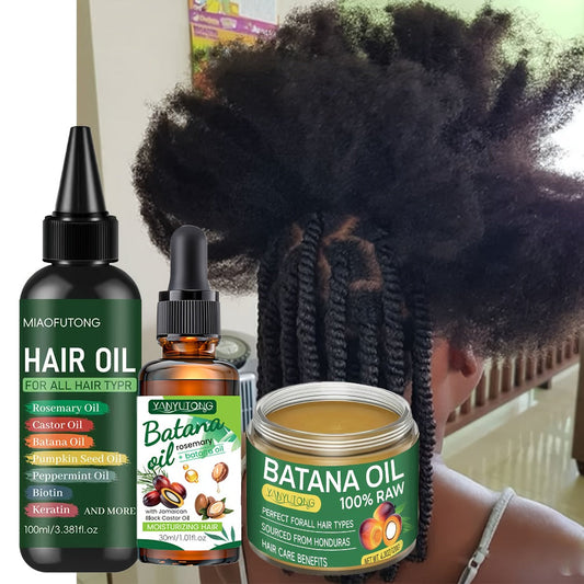 Biotin Hair Oil 3-Piece Set with Cold-Pressed Bataina Oil Essential Oil & Conditioner | Strengthens Prevents Breakage Split Ends Enhances Shine | All Hair Types Women Men