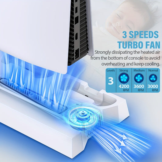 PS5 Cooling Charging Station 5-in-1 with Turbo Fan, Dual Controller Charger, 3-Port USB Hub & Headset Holder – Compatible with PlayStation 5 Slim Pro Standard Disc Digital Edition, 19-Inch USB Cable, Christmas Gift