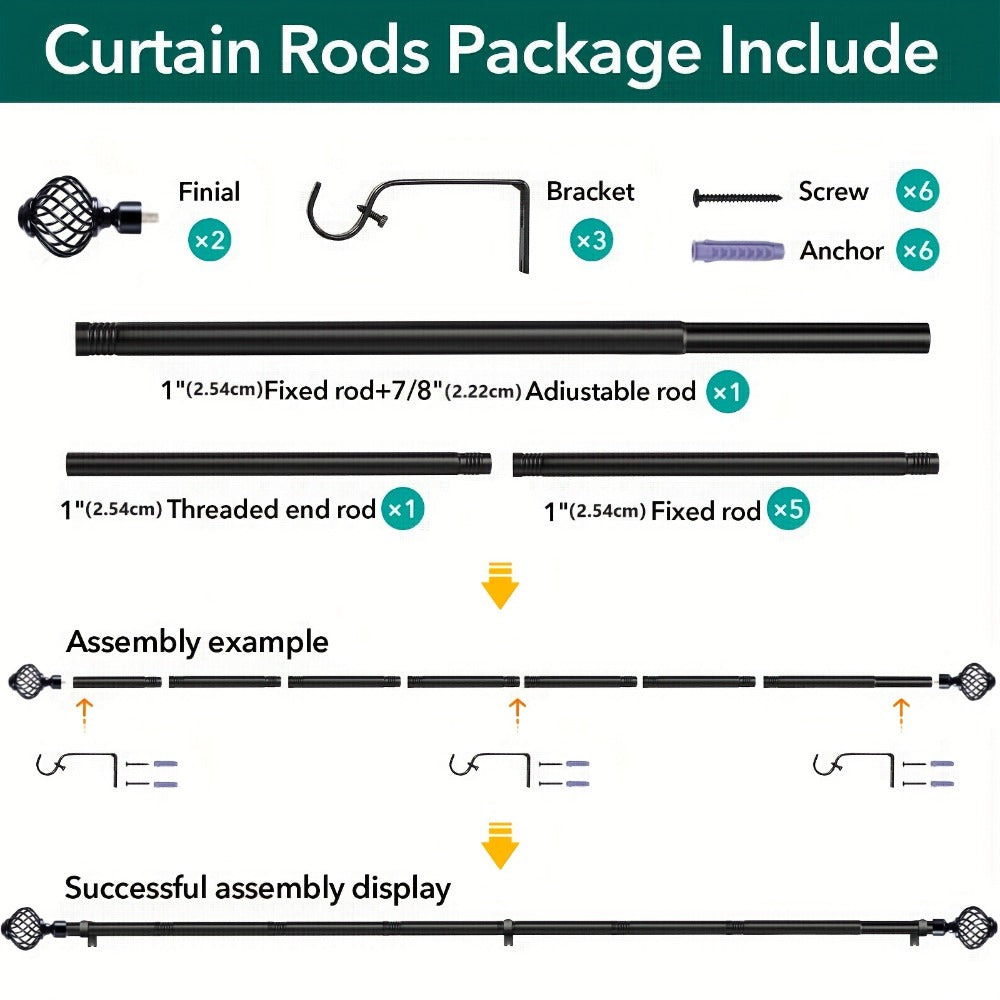 Black Adjustable Curtain Rod with Lattice Finials and Four Length Ranges from 18–32 to 34–152 Inches
