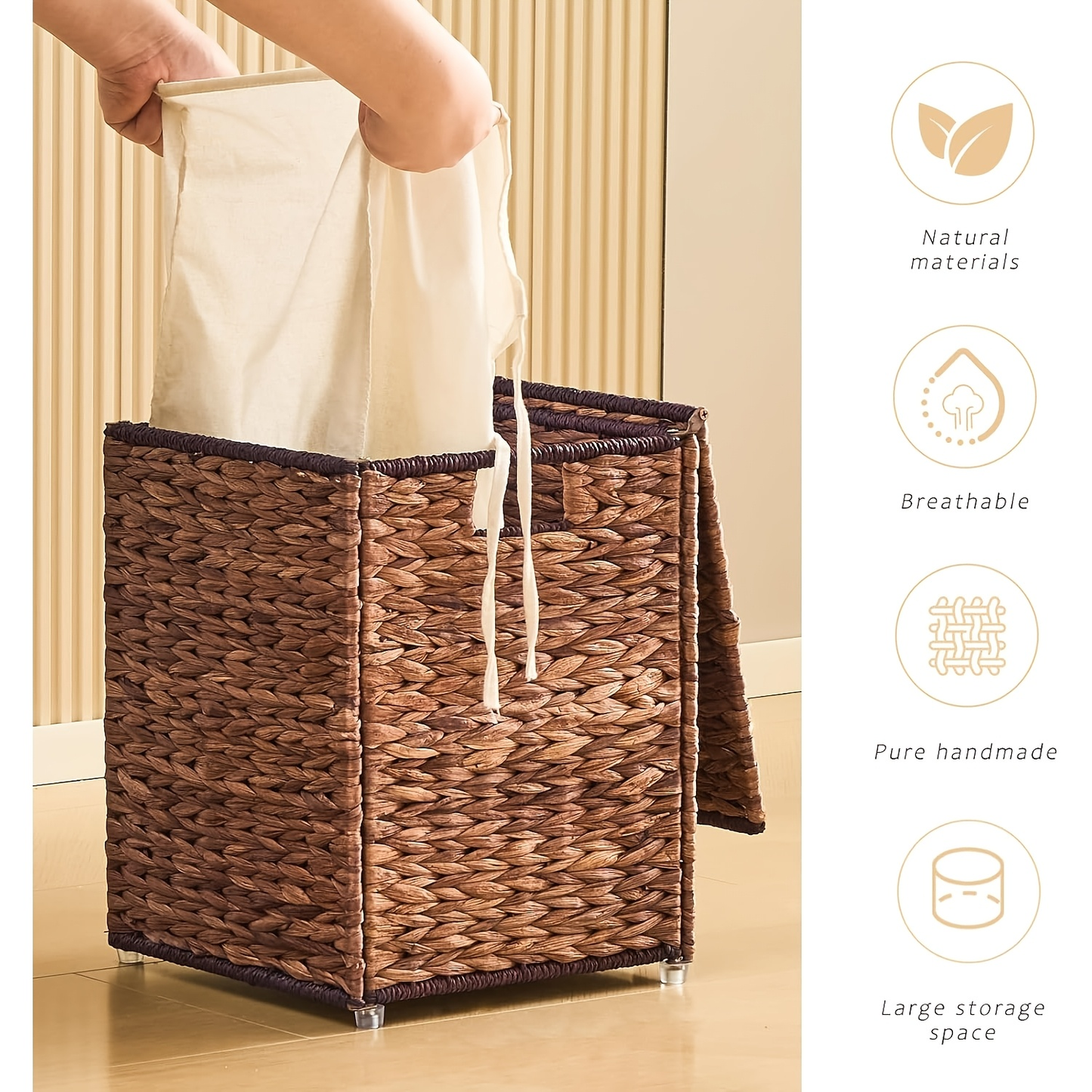 Laundry Basket with Lid & Handles - Handwoven Water Hyacinth Wicker Hamper, Removable Cotton Liner, 2 Mesh Bags, Boho Style, 9.25/17.17/25.1 Gal with Optional Casters