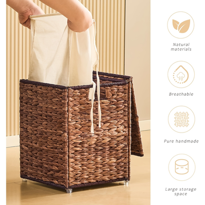 Laundry Basket with Lid & Handles - Handwoven Water Hyacinth Wicker Hamper, Removable Cotton Liner, 2 Mesh Bags, Boho Style, 9.25/17.17/25.1 Gal with Optional Casters