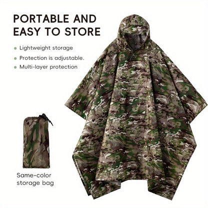 Digital Camouflage Hooded Rain Poncho with Snap-Side Closure, Front Pocket and Matching Storage Bag
