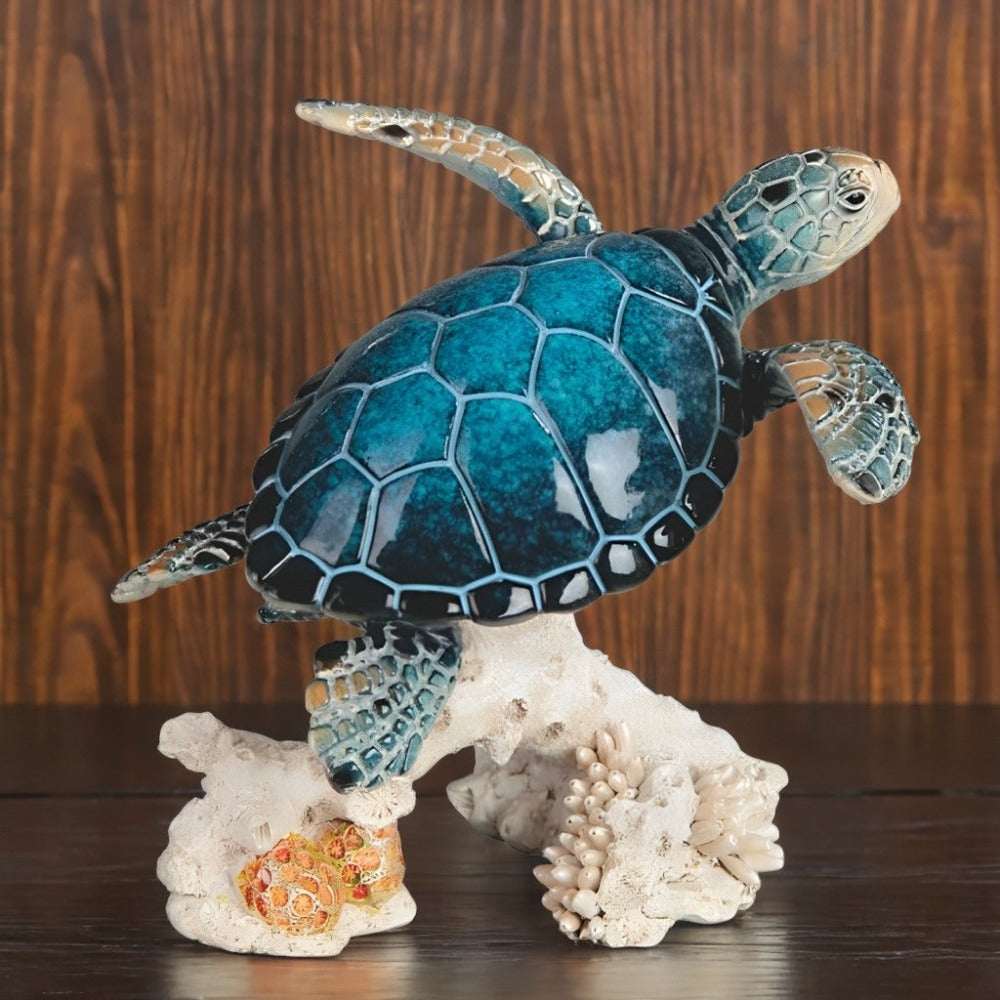 Sea Turtle Figurine with Upward-Swimming Polyresin Form, Coral-Style Base and 4.75 x 3.5 x 3.5-Inch Size