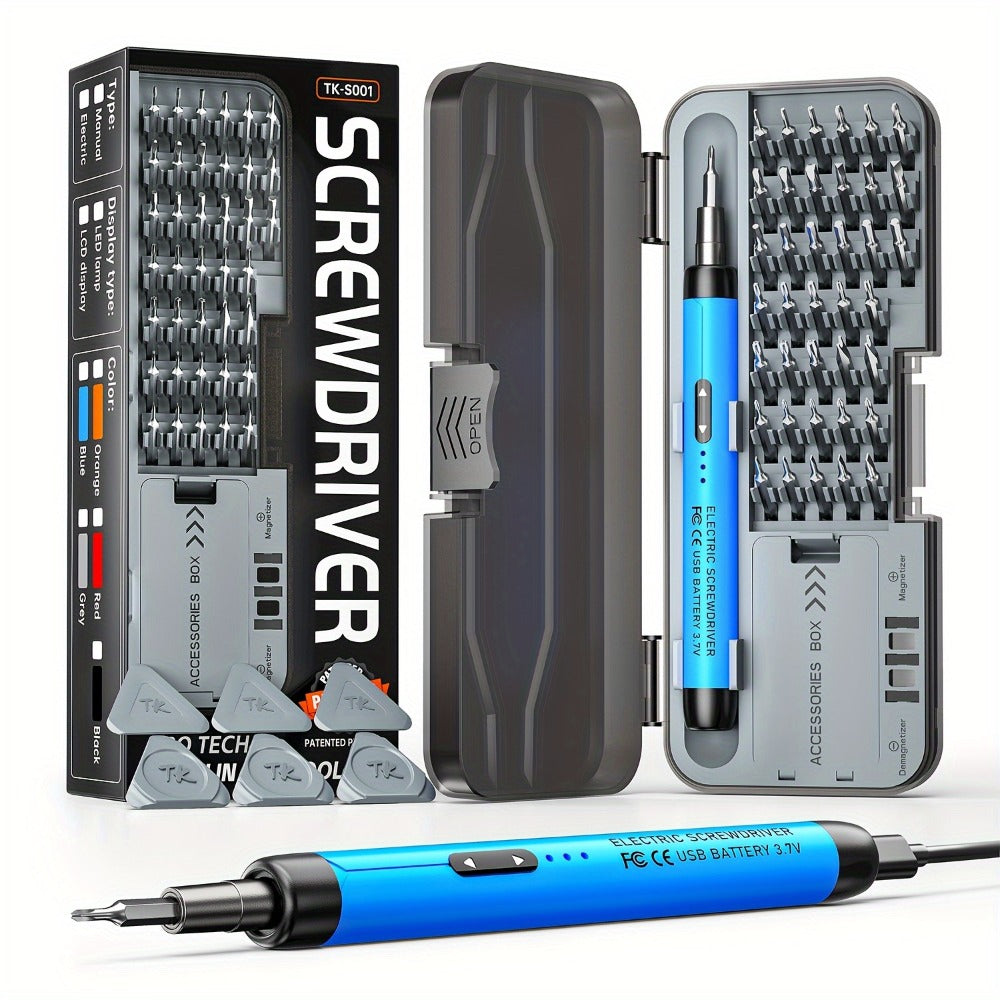 USB-Rechargeable Precision Electric Screwdriver Kit with 38 Magnetic Bits in Five Handle Colors