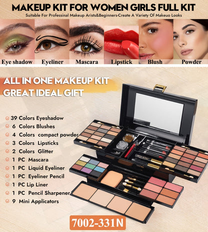 Makeup Kit 58-Color Black Mirror Case with Sliding Trays for Face, Eye and Lip Cosmetics plus Application Tools