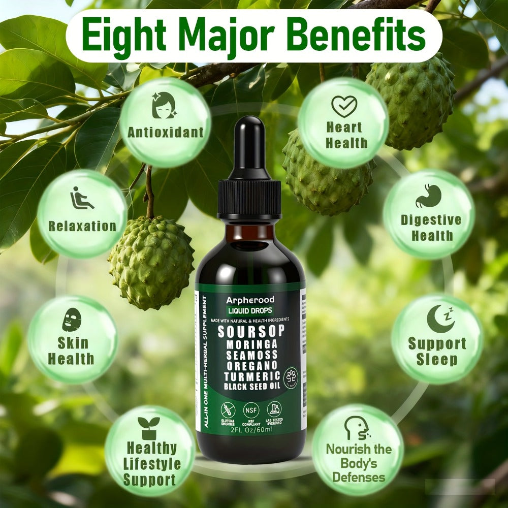 Soursop Graviola Liquid Drops 2 Fl Oz – Leaf & Fruit Blend with Sea Moss, Elderberry & Black Seed Oil | High-Potency Oral Drops for Immune Support, Digestive Health & Liver Wellness | Glass Bottle | Pack of 1, 2 or 3