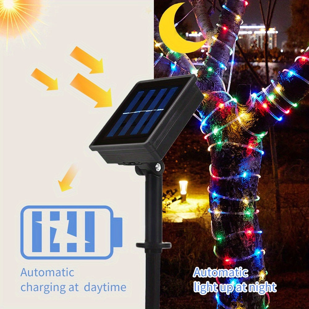 RGB Solar Rope Light with 100 LEDs, 33-Foot Clear Tube and Eight Pictured Lighting Modes for Patio Decor