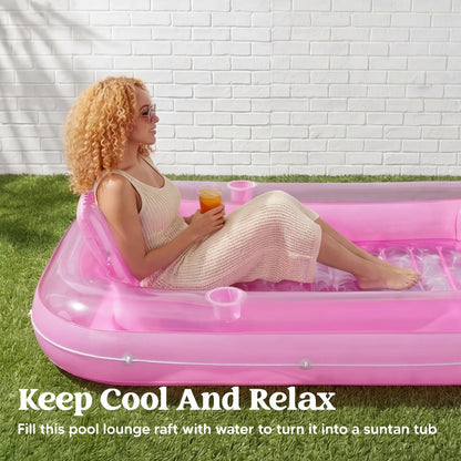 70 x 46-Inch Inflatable Pool Float Tanning Bed in Pink and White with Open Center and Raised Pillow