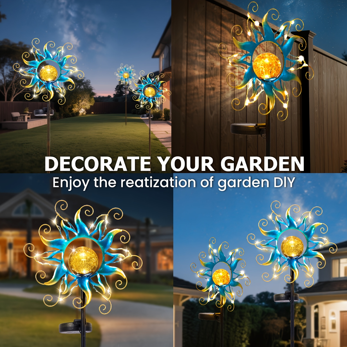 Solar Garden Lights Blue Sun-Shaped LED Stake, IPX4 Rated with Separate Solar Panel for Path Decor