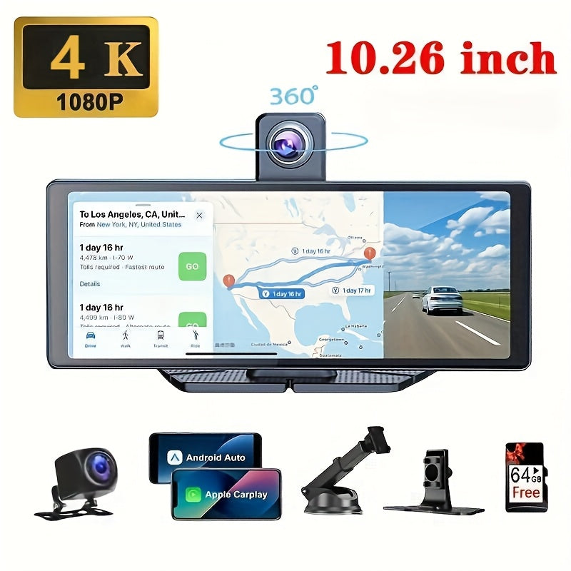 10.26 Inch Car Screen with Wireless CarPlay & Android Auto - Ultra HD Bluetooth Car Monitor, Dual Camera, Reversing Assist, Navigation, Music & Video, Universal for Sedan SUV RV