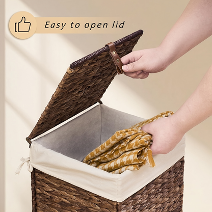 Laundry Basket with Lid & Handles - Handwoven Water Hyacinth Wicker Hamper, Removable Cotton Liner, 2 Mesh Bags, Boho Style, 9.25/17.17/25.1 Gal with Optional Casters