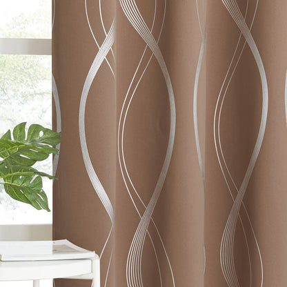 Two-Panel Wave-Line Foil Print Blackout Curtains in 10 Colors with 42- or 52-Inch Width Options