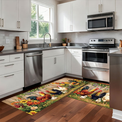 Rooster Farmhouse Kitchen Rugs in Round, Runner and 1- to 4-Piece Mat Set Size Options for Floors