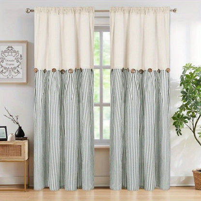 Striped Patchwork Window Curtain Set with Rod-Pocket Top, Six Colors and Five Panel-Count or Size Options