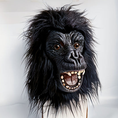 Black Gorilla Full-Head Costume Mask in Open-Eye or Eyeless Styles with Shaggy Fur and Open Mouth