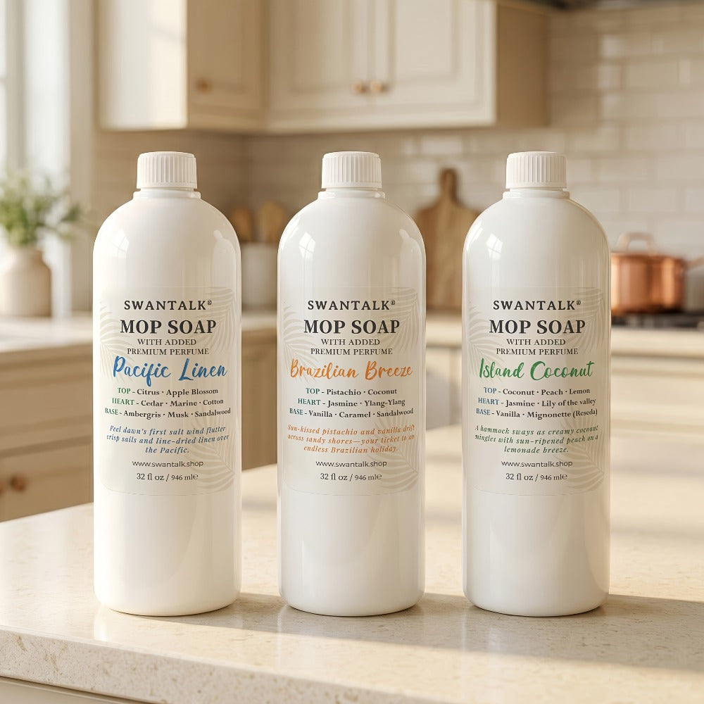 Concentrated Floor Cleaner 4X Formula 32 fl oz, SWANTALK Mop Soap Multi-Surface Streak-Free Floor Wash, Perfume-Inspired Deodorizing Cleaner, Pet Friendly – Brazilian Breeze, Island Coconut, Pacific Linen