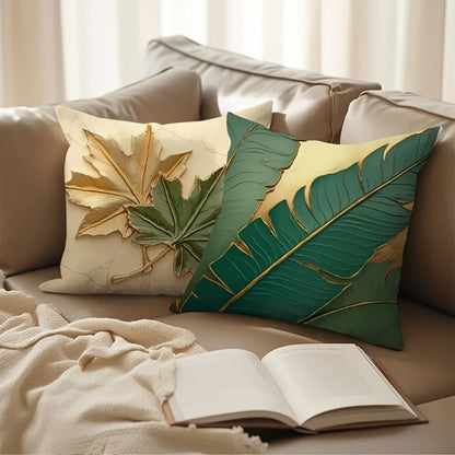 Green and Gold Leaf Throw Pillow Covers, Four-Piece 18 x 18-Inch Polyester Set with Zipper Openings