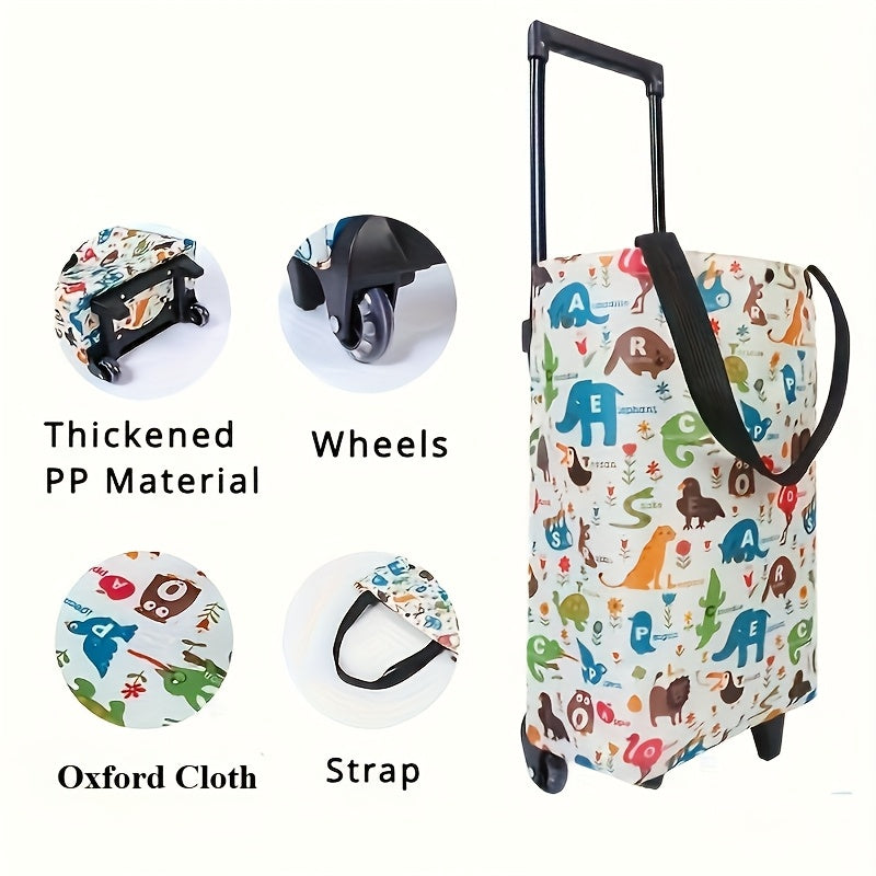Folding Shopping Cart 2-in-1 Oxford Large Capacity Portable Tote Bag Reusable Grocery Bag on Wheels for Camping Business Delivery Market Travel Daily Use