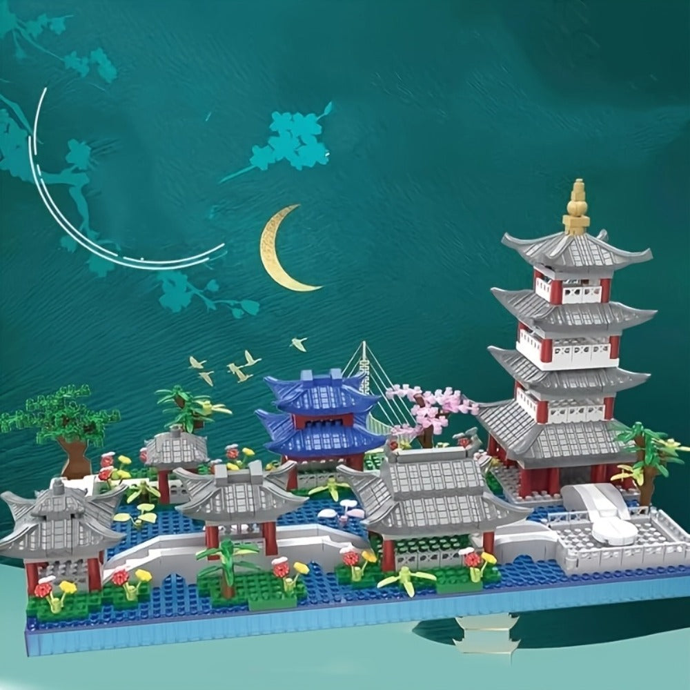 Hangzhou West Lake Architecture Building Block Model with 3,282 Pieces, Pagoda, Gardens and 11-Inch Base