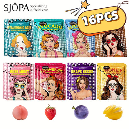Sixteen-Piece Sheet Mask Assortment with Illustrated Fruit and Honey Labels in Individual Pouches